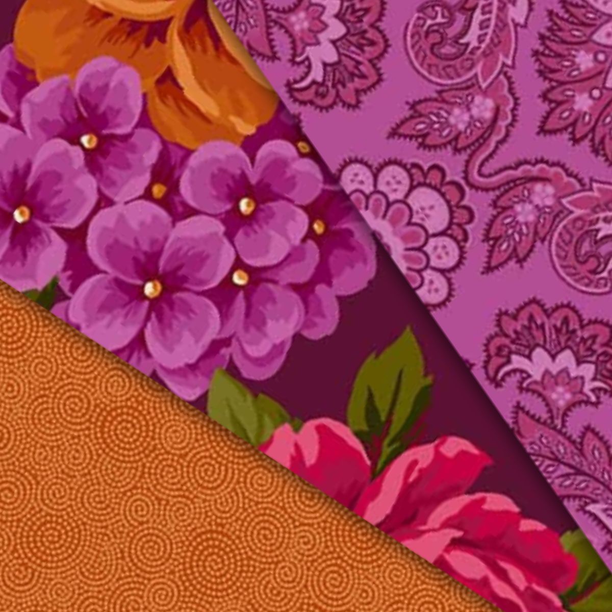 A close-up of three overlapping cotton fabrics—purple flowers, pink paisley, and orange spirals—from the Moonlight Roses 3 Yard Quilt Top Bundle by Quilted Joy, perfect for projects inspired by Fabric Cafe quilt books.