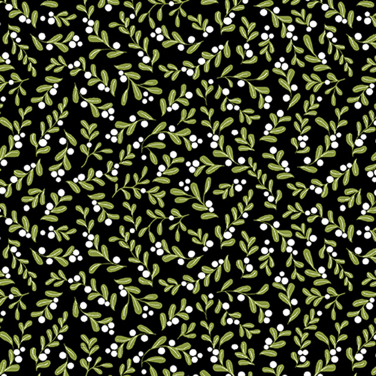 The Crossroads Berry Flannel Black Fabric Yardage features a seamless pattern of green leafy branches with white berries on black, ideal for rustic or botanical-themed projects.
