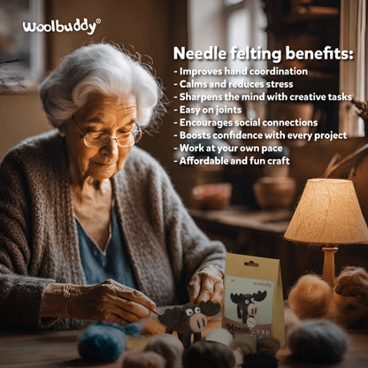 An elderly woman needle felts wool at a cozy, warmly lit table. Text highlights Farm DIY Needle Felting Kit benefits: stress relief, better coordination, enhanced creativity, and affordability. The Farm DIY Needle Felting Kit is shown.