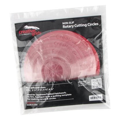 The Creative Grids Quilt Ruler Circles Set of 5 by Checker Distributor features five clear, red-tinted rulers—perfect quilting templates for Japanese Folded Patchwork—with product details and a QR code on the packaging.