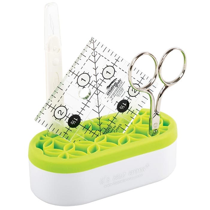 image of Oh Sew! Organized Stash 'n Store Mini Lime with a ruler, scissors, and needle threader