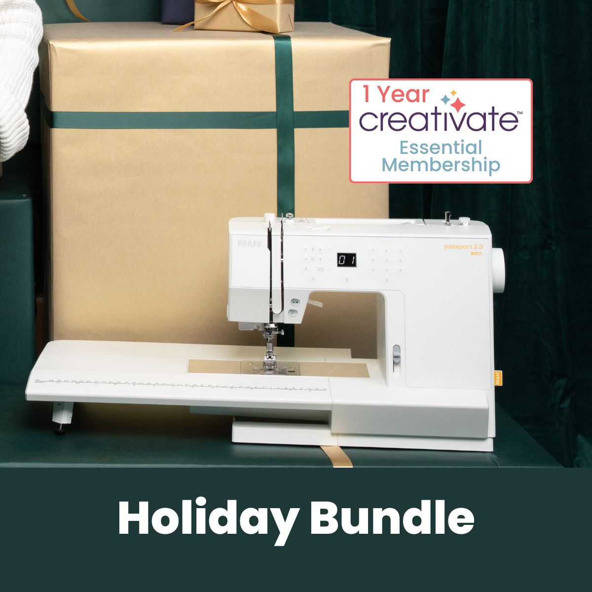 A white SVP Pfaff Passport 3.0 sewing machine with IDT System is on a table before a large green gift box with gold ribbon and a "1 Year Creativate Essential Membership" sign. Below, text reads "Holiday Bundle.