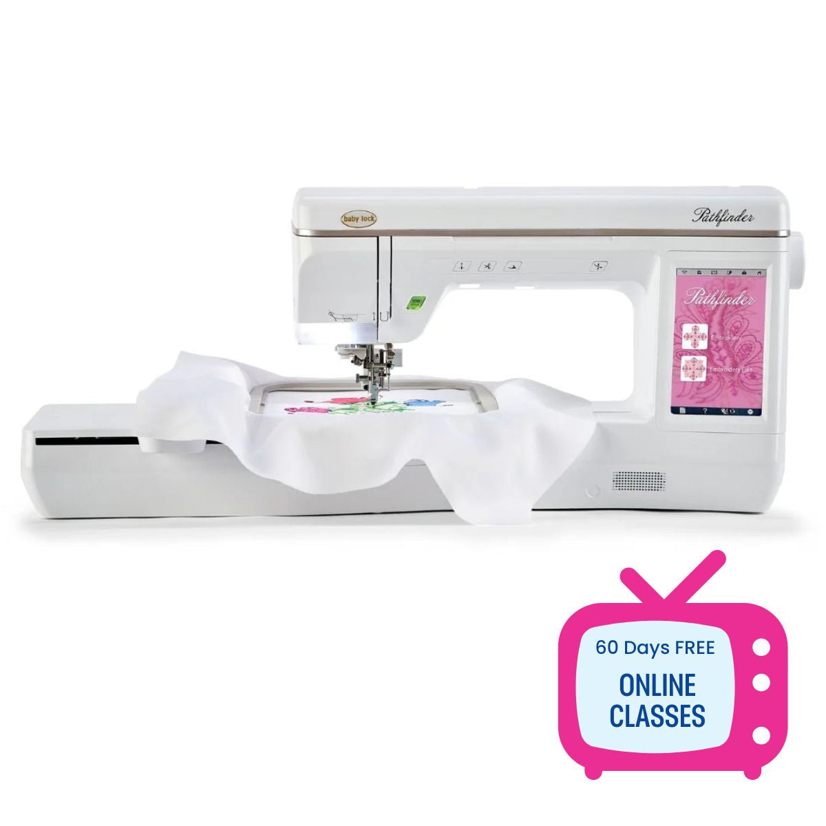A white Baby Lock Pathfinder Dedicated Embroidery Machine FLOOR MODEL by Baby Lock is stitching colorful designs. Also shown: a Quilted Joy gift card, 60 days of free online classes, and a Black Friday Bonus Bundle.