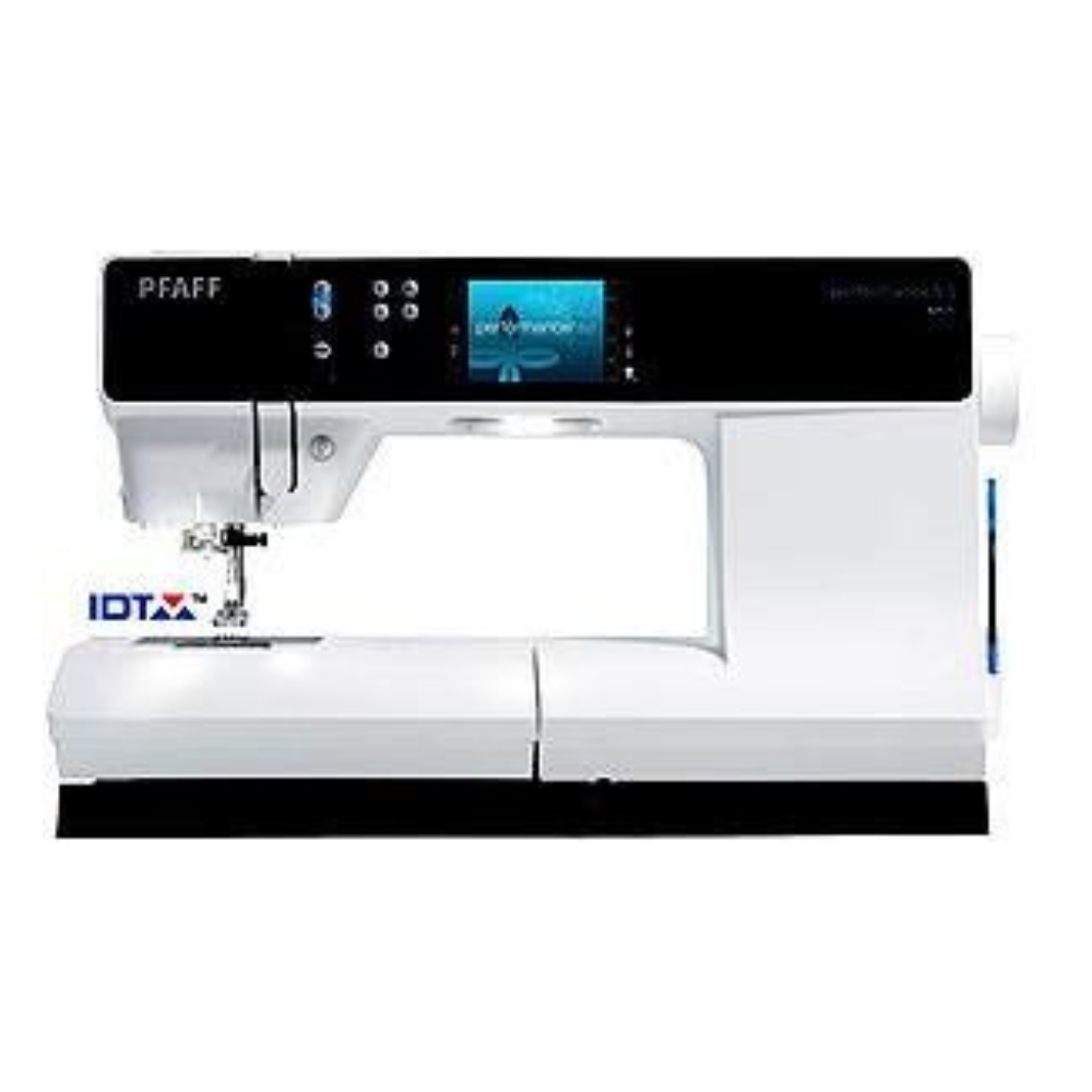 A pre-loved Pfaff Performance 5.0 computerized sewing and quilting machine by Quilted Joy features a digital display, multiple control buttons, and an IDT logo on the side, shown against a white background.