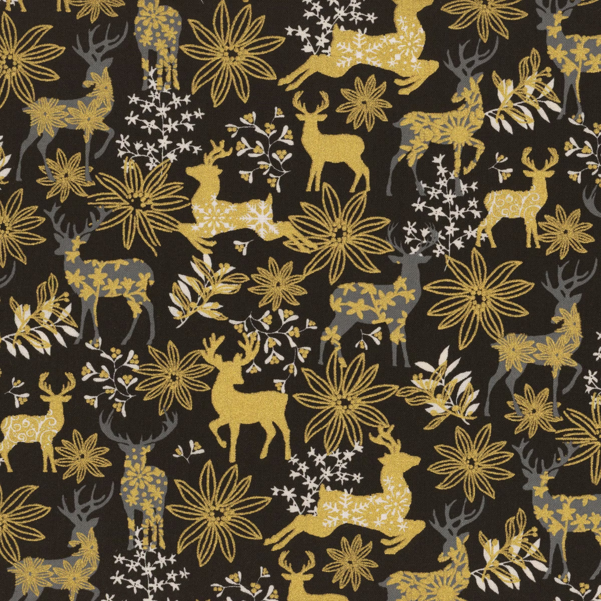 Merry Christmas Black Deer Metallic Fabric Yardage by Timeless Treasures features golden and gray reindeer, stylized flowers, and leafy branches on black—a festive, detailed choice for metallic fabric lovers.