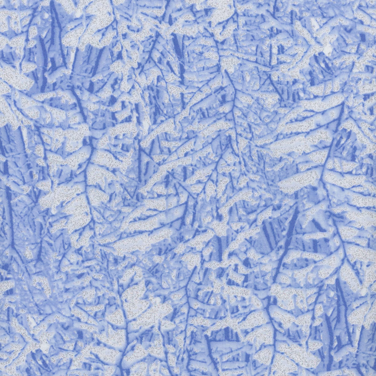 Close-up of frosty ice crystals forming intricate patterns on glass, with a light blue tint and sparkling texture, evoking the glittery look of Timeless Treasures’ Ice Frost Snowy Trees Glitter Metallic Fabric Yardage.