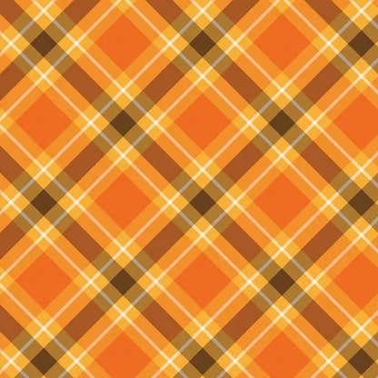 Benartex Plaid Pumpkin 108" Wide Quilt Backing Fabric features an orange background with intersecting orange, brown, and yellow lines in a diamond plaid pattern—perfect for cozy autumn quilts and pumpkin-themed projects.