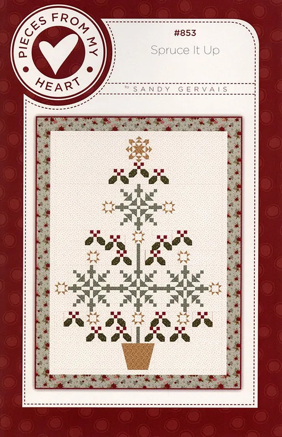 The Spruce It Up Quilt Pattern by Riley Blake features a geometric Christmas tree in a pot with stars, red berries, and floral borders. Designed by Sandy Gervais using her Christmas Greetings fabric. Pieces From My Heart.