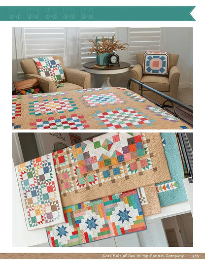 Cozy living room with two armchairs, each featuring a colorful quilt and pillow. A large quilt covers the table. Four vibrant quilts, inspired by designs from Checker Distributor's Prairie Home Quilt Book, decorate the space.