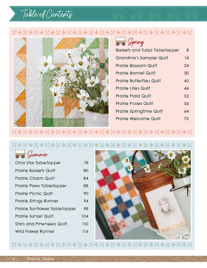 Pastel-bordered table of contents page listing Spring and Summer quilting patterns, with floral accents, daisy photos, and a vintage framed photo featuring a patchwork quilt inspired by the Prairie Home Quilt Book from Checker Distributor.
