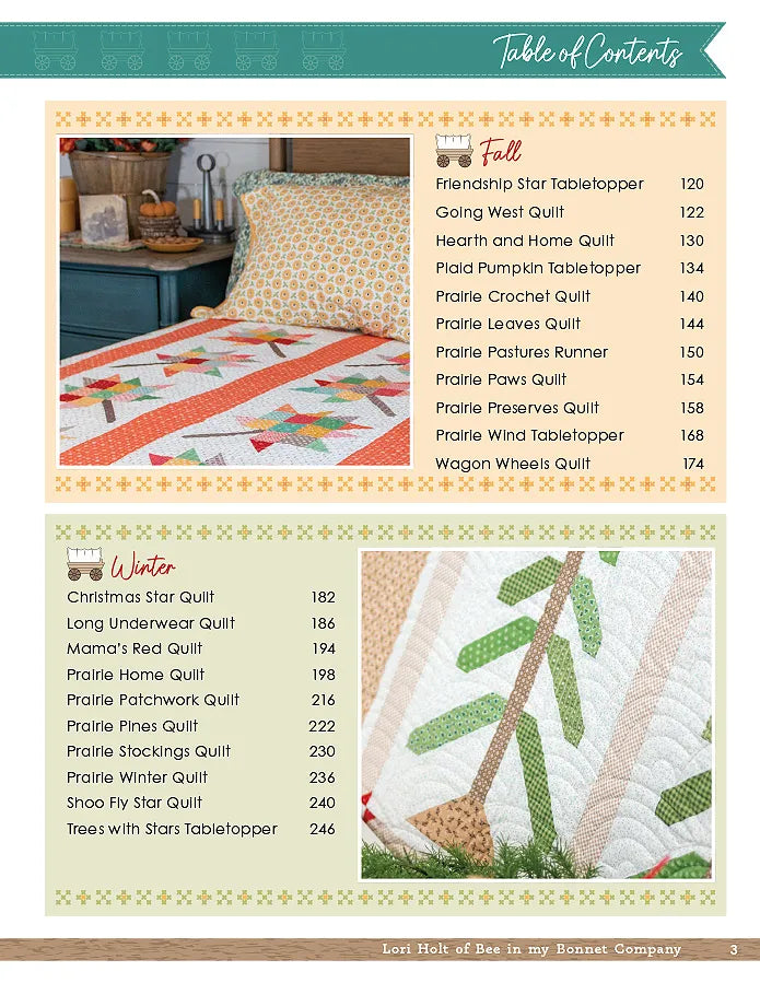 A table of contents page from Checker Distributor’s Prairie Home Quilt Book shows two quilt images and lists quilting patterns for Fall and Winter, each with corresponding page numbers.