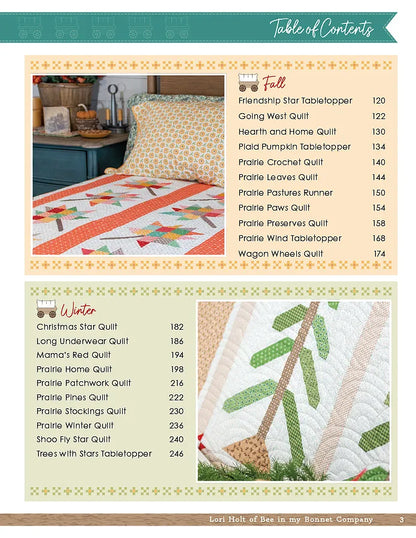 A table of contents page from Checker Distributor’s Prairie Home Quilt Book shows two quilt images and lists quilting patterns for Fall and Winter, each with corresponding page numbers.