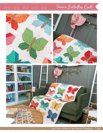 A vibrant quilt with butterfly patterns, inspired by the Checker Distributor Prairie Home Quilt Book, is draped over a green couch. Close-ups reveal its detailed stitching and fabrics. A coordinating hat hangs nearby.