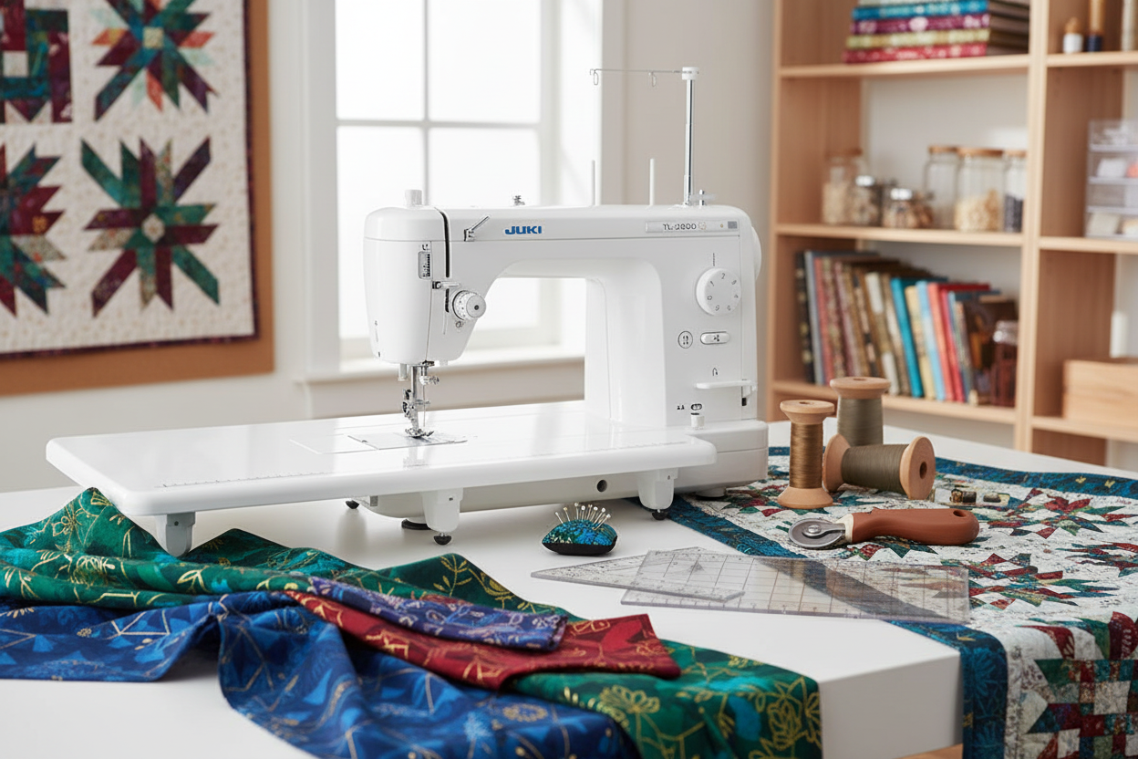 A sewing machine sits on a table with colorful fabric, thread spools, a pincushion, and quilting tools. Quilted blankets hang on the wall and cover a shelf filled with books in a well-lit sewing room.