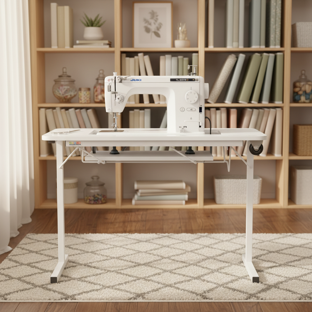 Premium sewing room with white Juki sewing table - front view