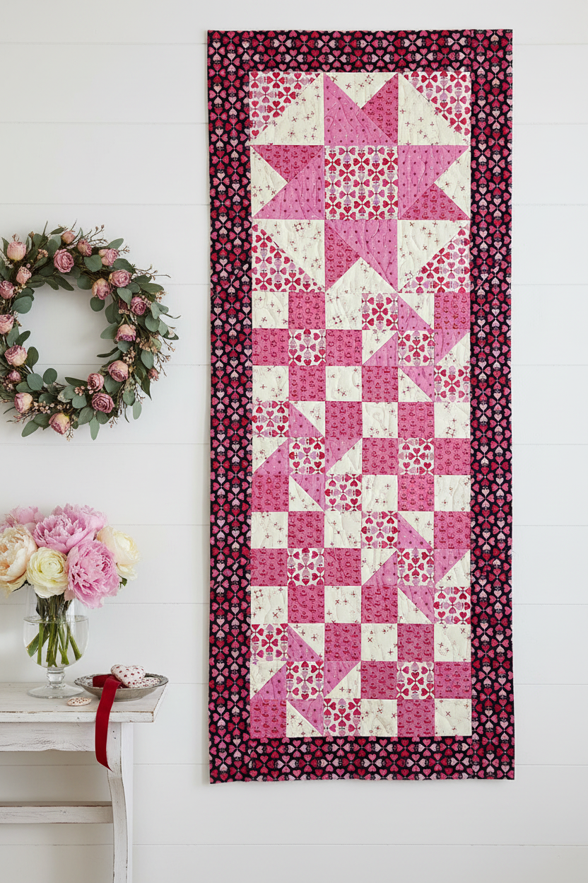 The Quilted Joy Mystery Five-O Love "Lucky Break" Fat Quarter Quilt Kit creates a pink and cream wall hanging with heart motifs and a dark border, displayed next to a floral wreath and a vase of roses on a table.