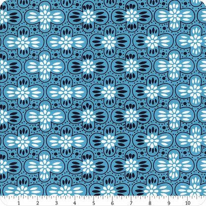 Pretty Things Deep Cottage Stripe 108" Wide 3 Yard Quilt Fabric Back Pack features blue fabric with stylized black and white floral patterns in rows. A ruler at the bottom shows inch measurements for easy scale reference.