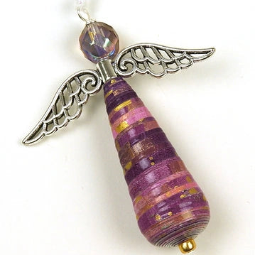 Angel Ornament Hand Painted by Allison Lake features silver metal wings, a faceted bead head, and a cone-shaped body in layered purple and gold paper—ideal for those seeking unique holiday ornaments.