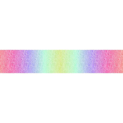 A horizontal strip of Jaftex - FreeSpirit’s Floral Reef Deep Dive Riptide Fabric features a gradient rainbow background with pink, purple, blue, green, yellow, and red hues and subtle white swirling patterns on quilting cotton.