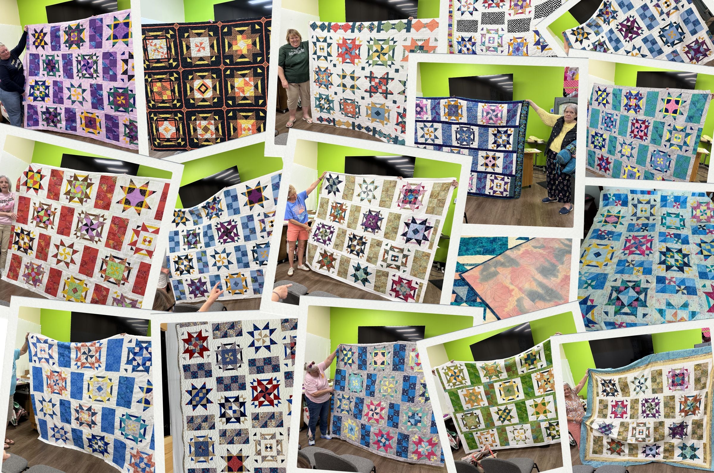 A collage of colorful patchwork quilts held by people in a room with green walls and TVs. The quilts display various star patterns and intricate designs in vibrant fabrics.