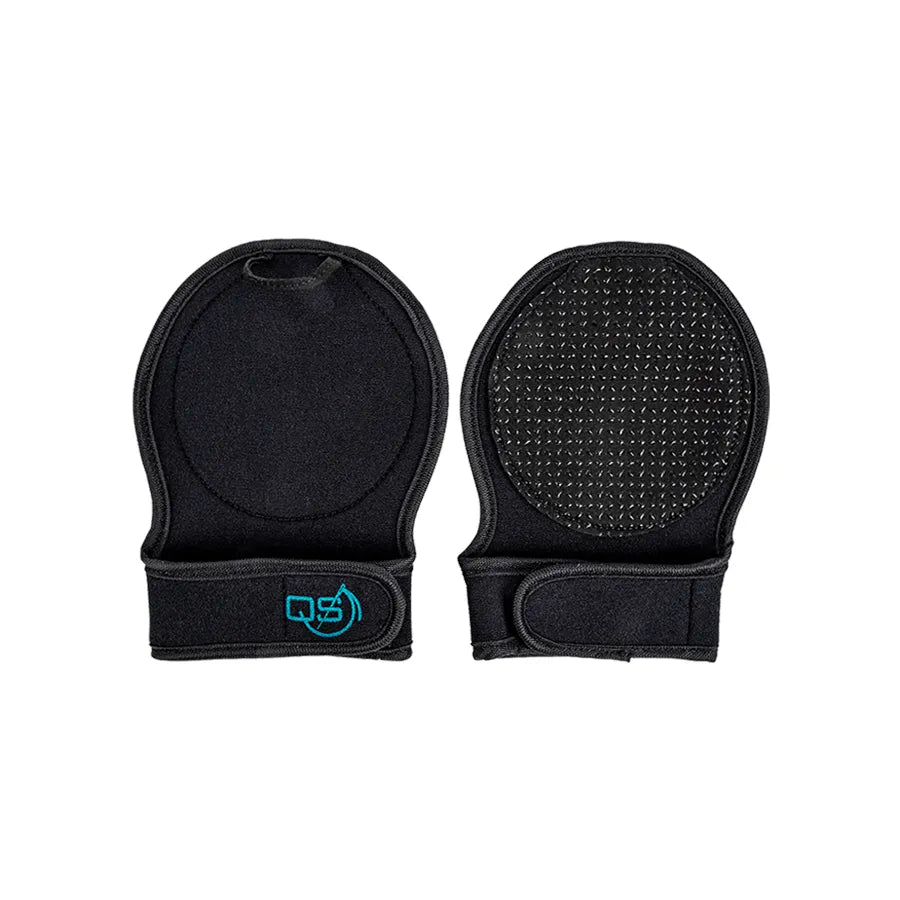 The AccuGrip Quilting Gloves by Checker Distributor are black neoprene, fingerless, and circular. One glove has a textured grip for quilting; the other is plain with a blue logo. Both feature adjustable Velcro wrist straps.