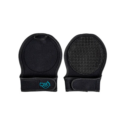 The AccuGrip Quilting Gloves by Checker Distributor are black neoprene, fingerless, and circular. One glove has a textured grip for quilting; the other is plain with a blue logo. Both feature adjustable Velcro wrist straps.