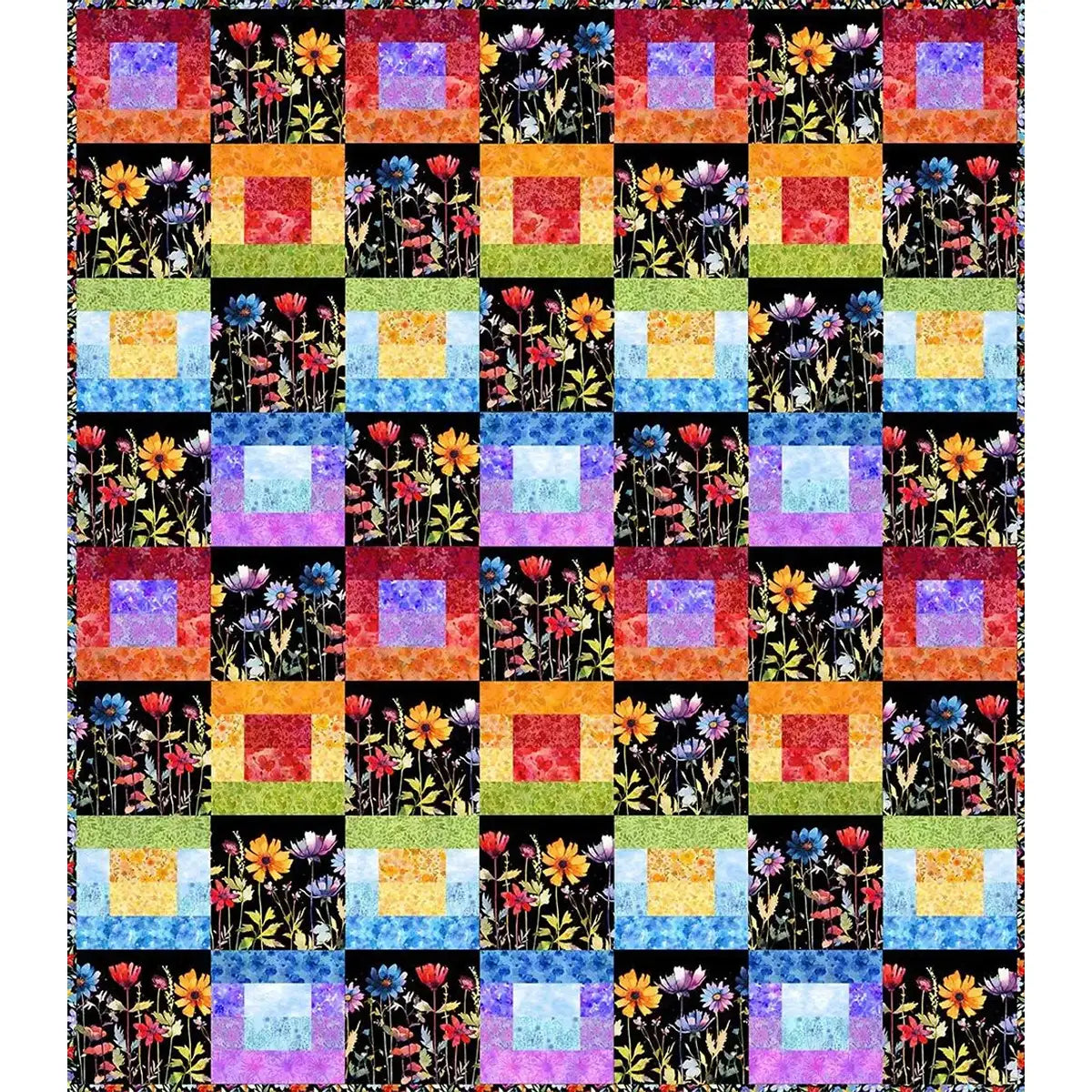 Brighten your space with the Quilted Joy Blooming Night Strip Quilt Kit, featuring colorful squares in red, orange, yellow, green, blue, and purple alongside black squares blooming with vibrant florals on a black background.