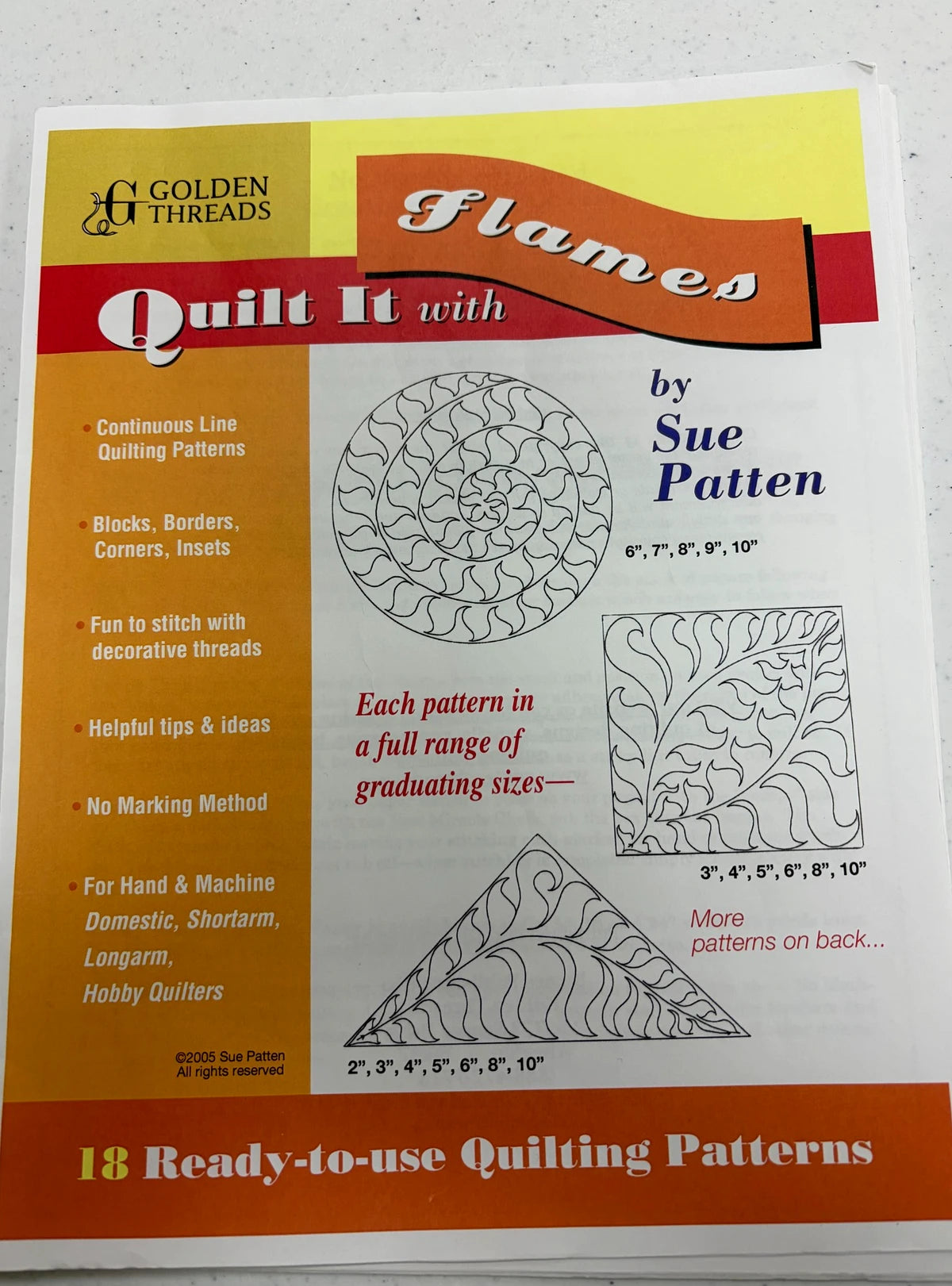 A vibrant cover for Quilt it with Flames Pattern by quiltedjoy, showcasing flame quilting diagrams and text highlighting ready-to-use continuous line patterns suitable for quilts of various sizes.