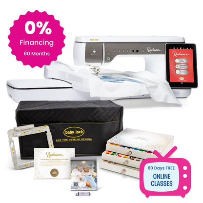 Get the Baby Lock Radiance Sewing & Embroidery Machine with accessories—thread spools, embroidery hoops, and manuals—plus a quilting bundle, 0% financing for 60 months, and 60 days of free online classes from Baby Lock.