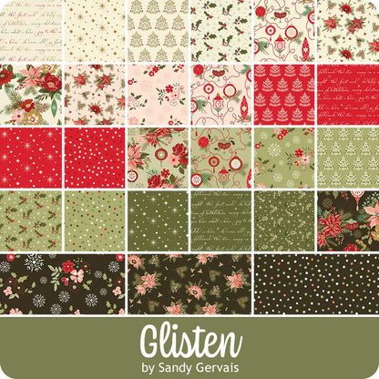 The Glisten 10 Inch Stacker includes 25 holiday-themed fabric squares in red, green, cream, and brown with floral, polka dot, script, and pinecone prints—perfect for quilt precuts.