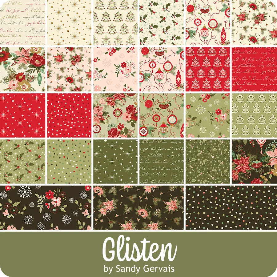 The Glisten 5 Inch Stacker includes 24 holiday-themed quilt precuts in red, green, cream, and brown with floral, polka dot, pinecone, and script prints.