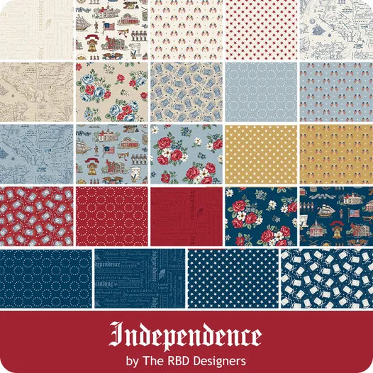 The Independence Fat Quarter Bundle by Riley Blake features 24 fabric swatches in red, white, blue, and gold with floral, geometric, star, and vintage patriotic patterns—ideal for quilting projects.