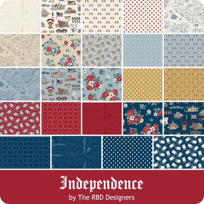The Independence Fat Quarter Bundle by Riley Blake features 24 fabric swatches in red, white, blue, and gold with floral, geometric, star, and vintage patriotic patterns—ideal for quilting projects.