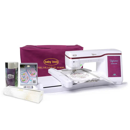 Baby Lock Reflection Sewing & Embroidery machine with FREE 60 Days of Online Classes, pink carrying case, large embroidery field, hoop, thread, design guide, and accessory boxes displayed together.