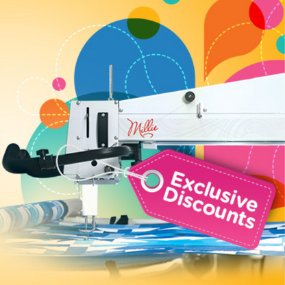 A Quilted Joy APQS Roadshow quilting machine with a bright pink "Exclusive Discounts" tag stands against a colorful abstract background—join our free event to try it out!.