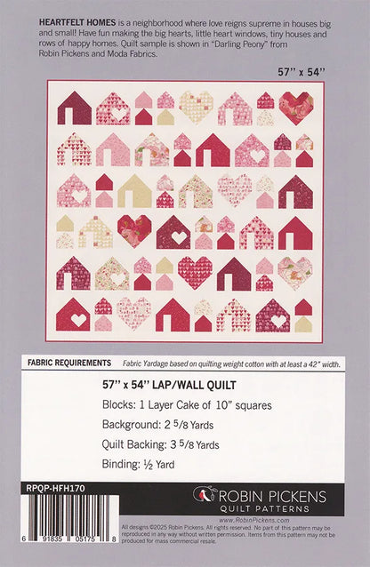 The Heartfelt Homes Quilt Pattern by United Notions features pink, red, and cream patchwork houses and hearts on white, using the Darling Peony Collection. Includes fabric requirements, 57" x 54" dimensions, and designer info at the bottom.