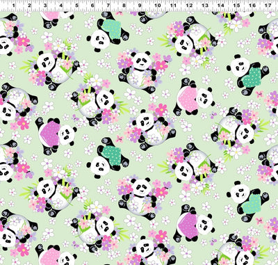 Panda Party Soft Green Tossed Pandas Fabric Yardage