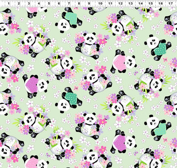 Panda Party Soft Green Tossed Pandas Fabric Yardage - quilt fabric for sewing and quilting projects