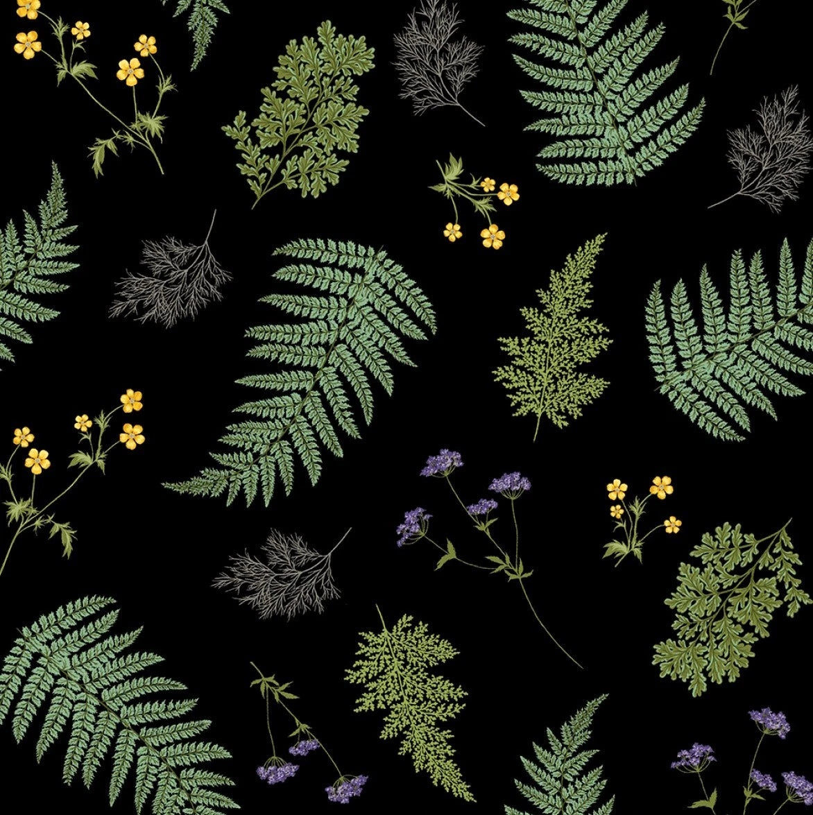 A lively botanical pattern of green ferns, yellow and purple wildflowers, and fine black leaf outlines on a black background—ideal for fabric projects using Fern Black Multi Fabric Yardage.