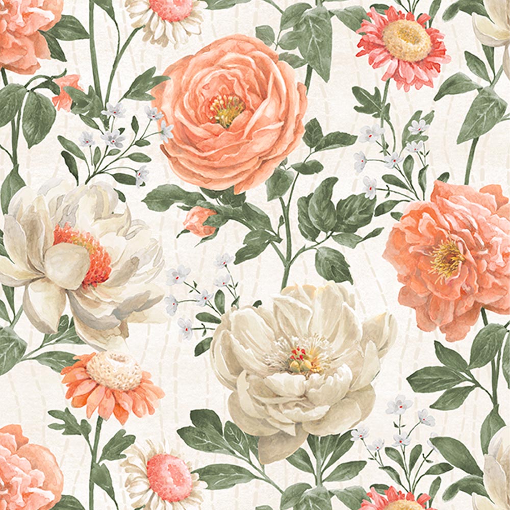 Peach Whispers Cream Large Flowers Fabric Yardage