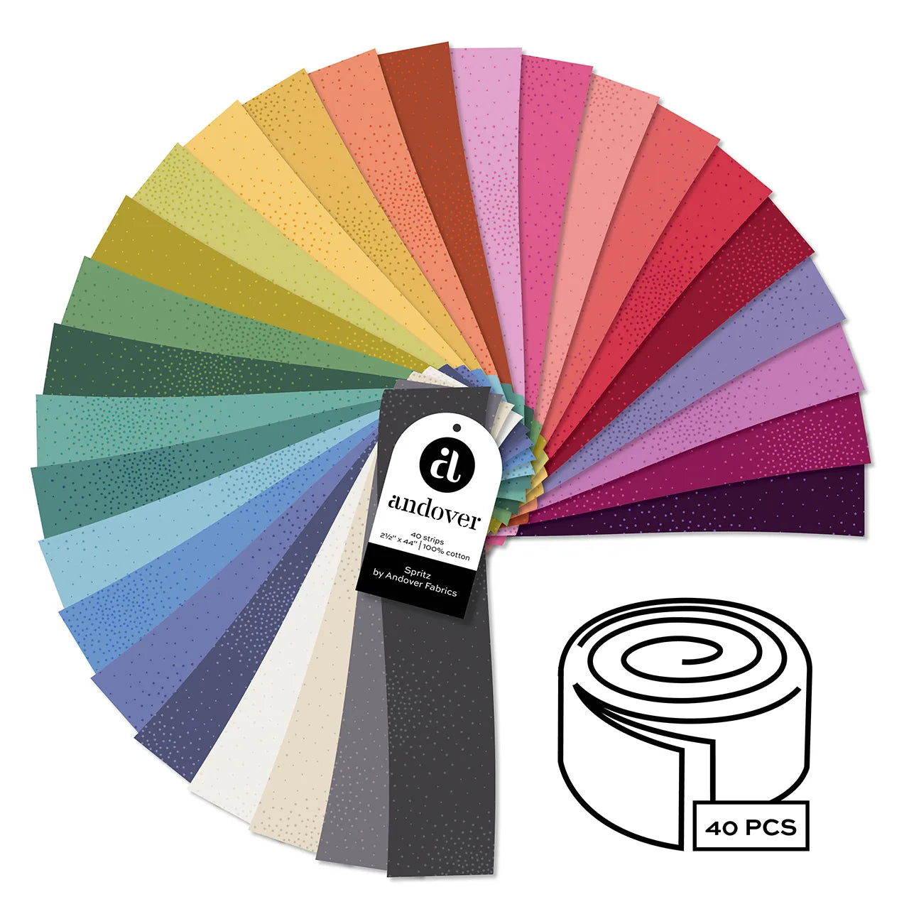 A vibrant fan of 40 dotted quilting strips in gradient hues comes labeled “Andover,” with a roll icon and “40 PCS”—the ideal Spritz 2.5 Inch Strip Rolls from Andover for your next project.