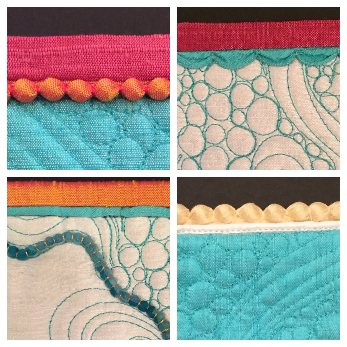A collage of four quilted fabric samples with unique edge bindings highlights creative motifs inspired by freemotion machine quilting, as featured in the Bethanne Nemesh Original 3 Book Bundle from White Arbor Quilting.