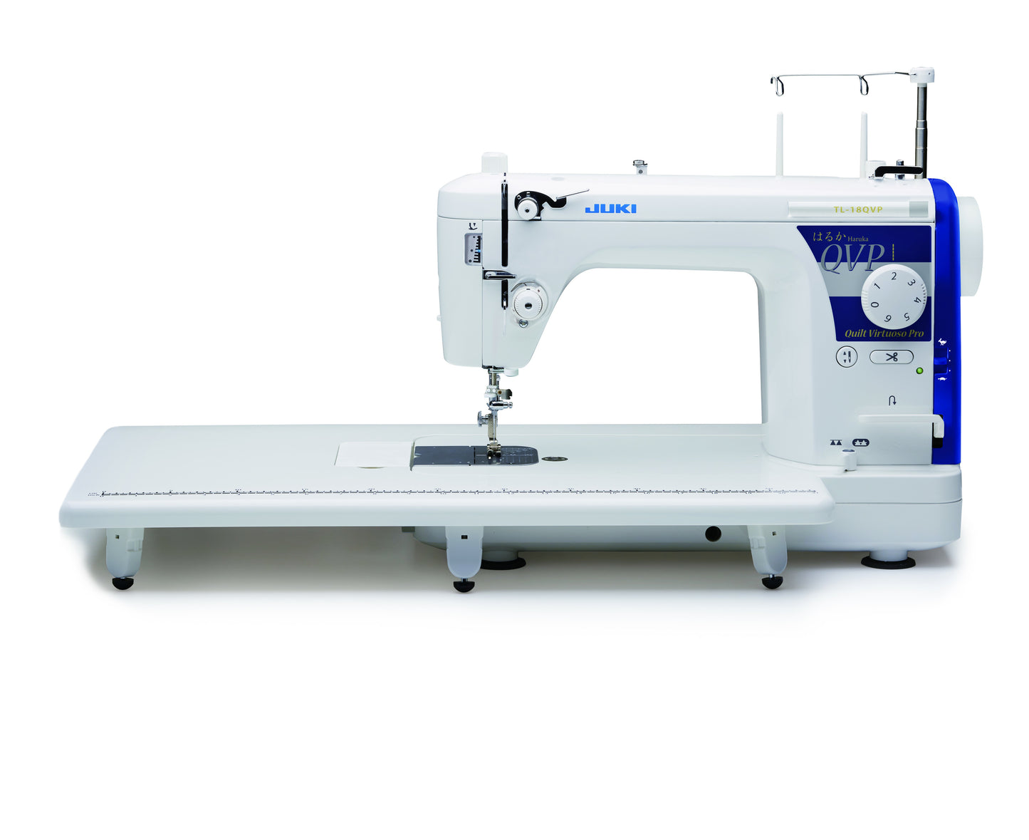 The JUKI Haruka TL-18QVP straight stitch sewing and quilting machine with its extension table fitted, photographed on a white background.