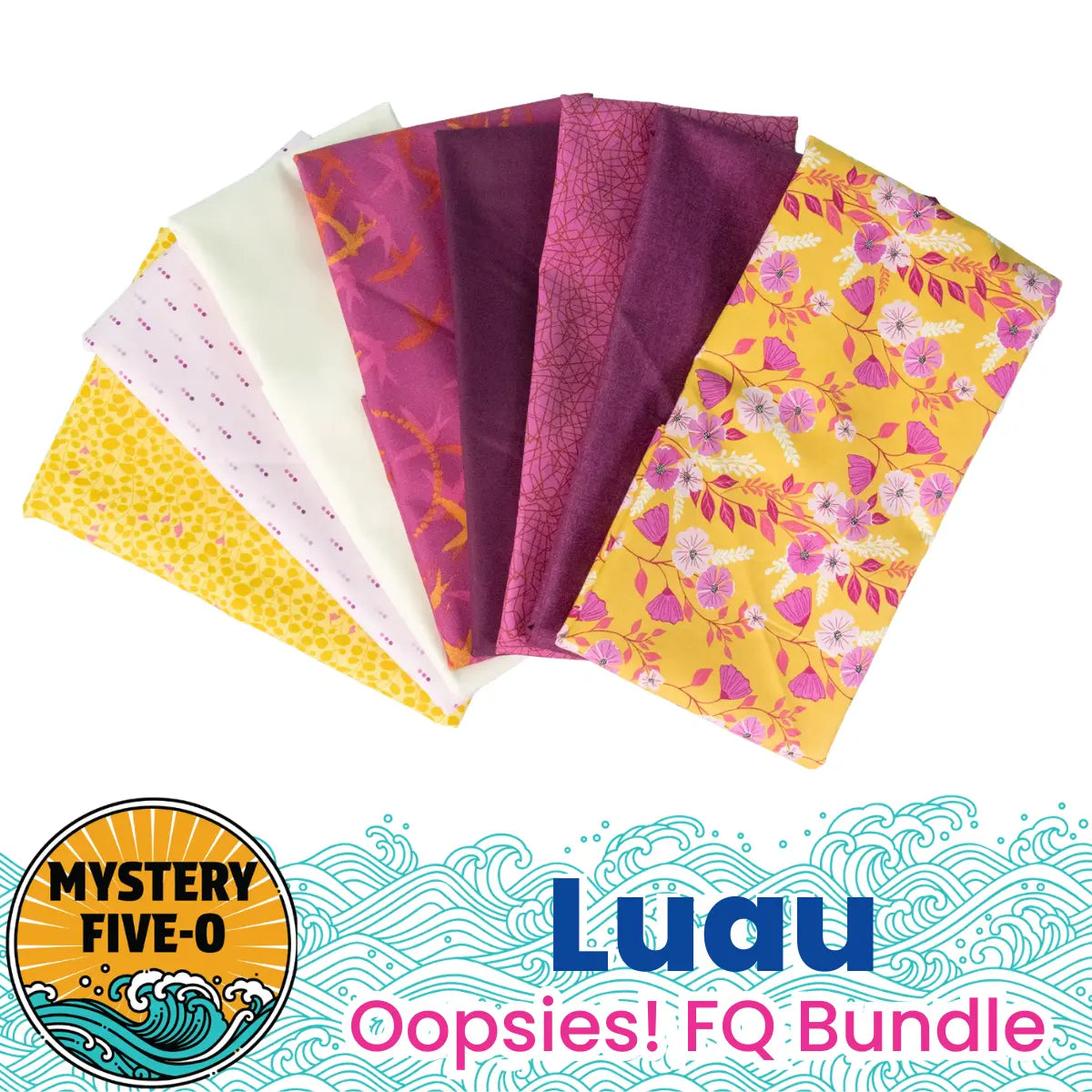 Six folded fat quarters in tropical floral and geometric patterns are fanned out. Text reads Mystery Five-0 Mega Mystery Tropical Blooms Oopsies! FQ Bundle by Quilted Joy, featuring a wave motif—perfect for your next quilt kit.