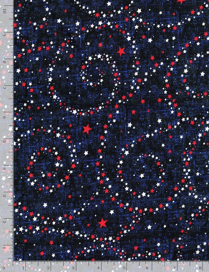The quiltedjoy USA Stars Navy 108" Wide 3 Yard Quilt Fabric Back Pack features white, red, and blue star patterns on dark blue, with inch measurements along the edges—perfect for quilt backings.