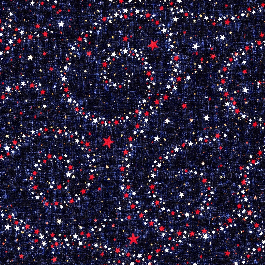 A dark blue textured background with swirling patterns of small white, red, and gold stars and larger red stars create a festive effect—ideal for quiltedjoy USA Stars Navy 108" Wide 3 Yard Quilt Fabric Back Pack.