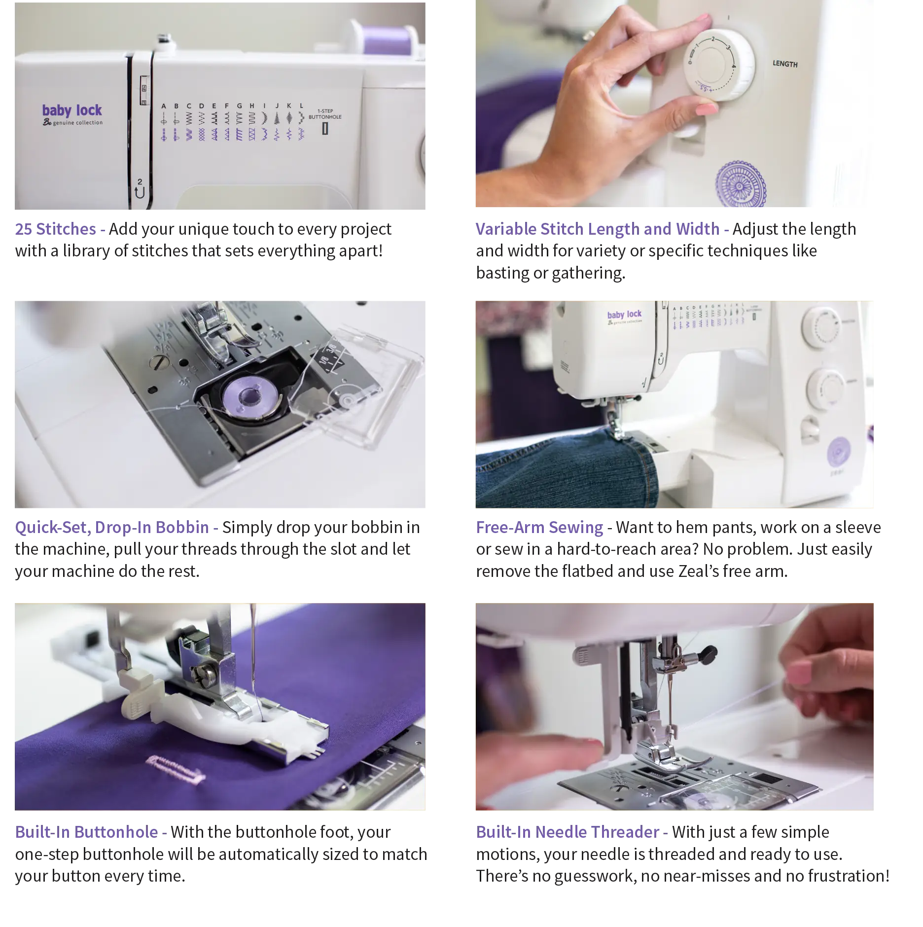 Six close-up images show features of the pre-loved Baby Lock Zeal Sewing Machine by Quilted Joy, including 25 stitch options, adjustable length/width, drop-in bobbin, free-arm sewing, built-in buttonhole, and automatic needle threader.