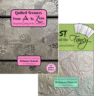 The Bethanne Nemesh Book Duo #2 by White Arbor Quilting includes "Quilted Textures From A to Zen" and "Fast and Fancy," featuring free motion quilting designs with detailed silver and green covers.