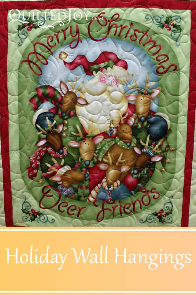 Barbara brought in holiday themed wall hangings for Angela to quilt. With all the holiday fabrics out there, these are a fun way to brighten up your home. QuiltedJoy.com