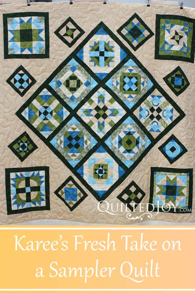 Karee put her blocks on point for a fresh take on a sampler quilt. Quilted by Angela Huffman
